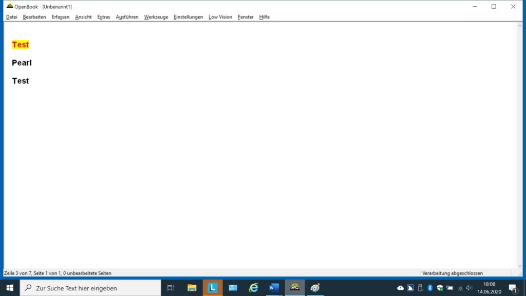 Screenshot des Laptopbildschirms nach dem Scanvorgang. Auch hier werden jetzt die Wörter Test und Pearl angezeigt