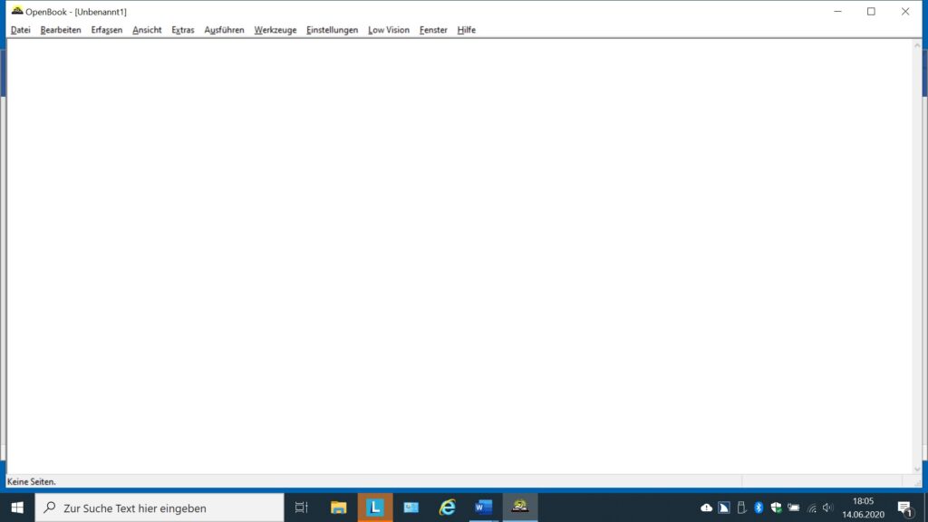 Startbildschirm von Openbook - das leere Dokument, in dem später der erkannte Text angezeigt wird, und das Hauptmenü
